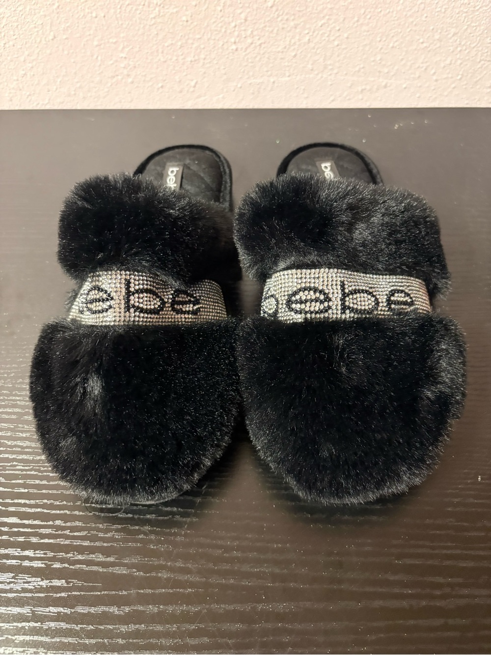 Bebe Size 8 Black Faux Fur Rhinestone Logo Slide Slippers